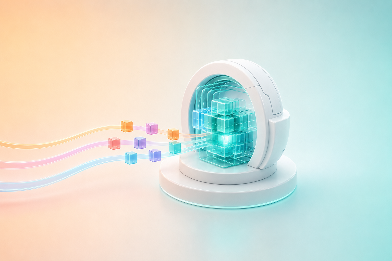 Multicoloured data streams resolving into a teal-lit glass core inside a white ceramic machine.