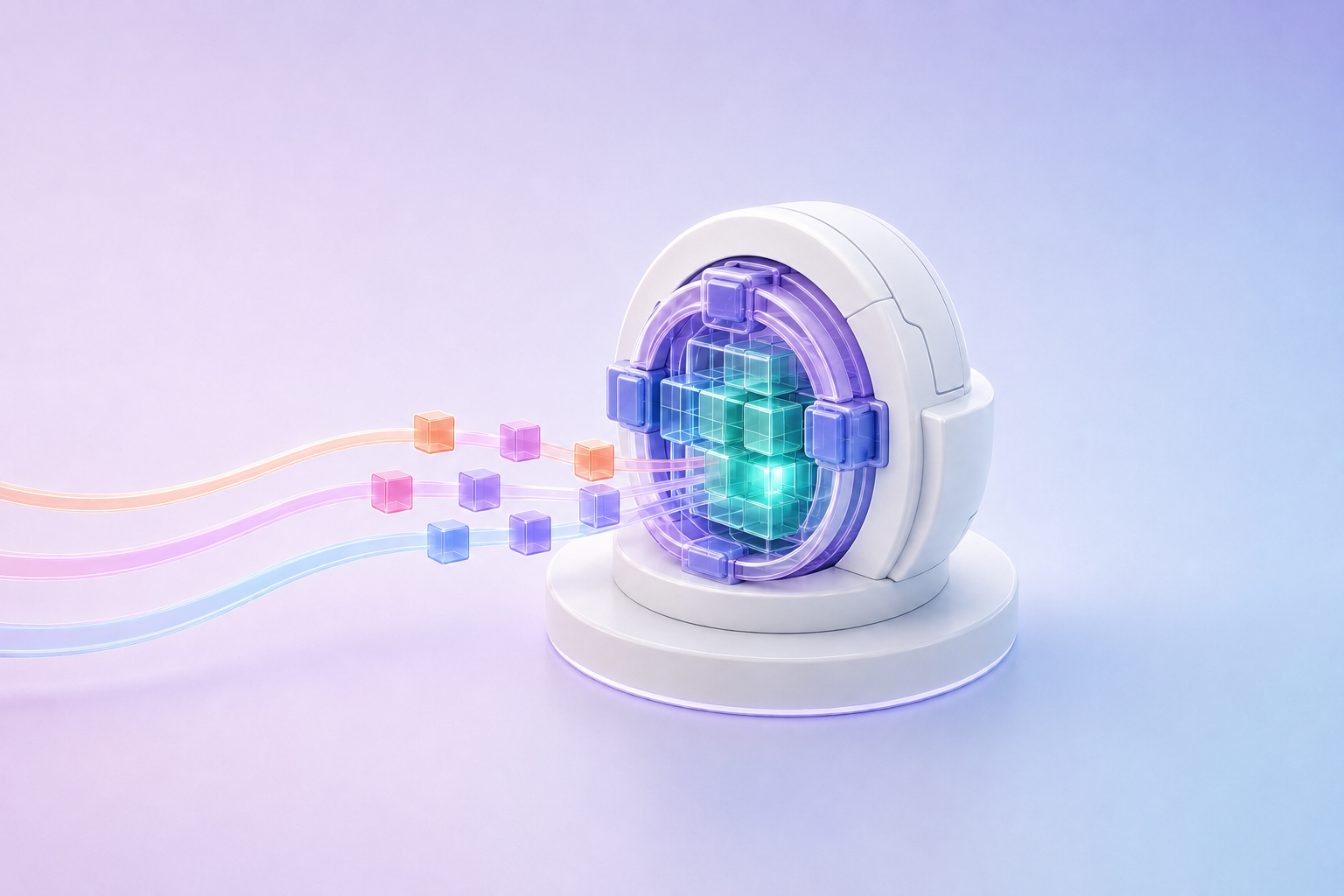 An indigo and purple glass assembly with a green-lit core, framed by a white ceramic housing.